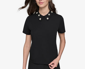 KARL LAGERFELD PARIS Women's Embellished Collar Pont?-Knit Top Black Size L $99
