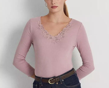 LAUREN RALPH LAUREN Women's Lace-Trim Stretch Cotton Top Pink Size M MSRP $100