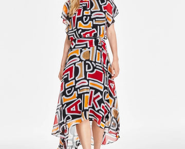 KARL LAGERFELD Printed High-Low Flutter-Sleeve Dress Black Size 14 MSRP $158