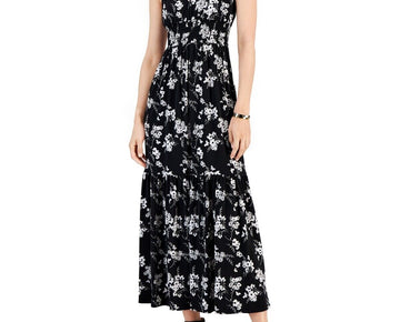 Michael Kors Petite Botanical Printed Maxi Dress Black Size PM MSRP $165