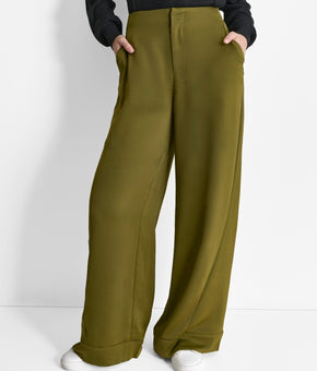 DKNY Glazed High Rise Seamed-Cuff Wide-Leg Pants Olive Green Size 2 MSRP $99