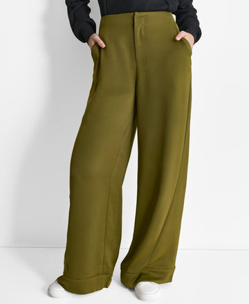DKNY Glazed High Rise Seamed-Cuff Wide-Leg Pants Olive Green Size 2 MSRP $99