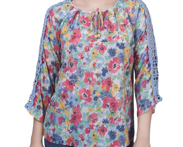 NY Collection Petite 3/4 Sleeve Tunic Crochet + Tie Neck Blue Flower Size PS