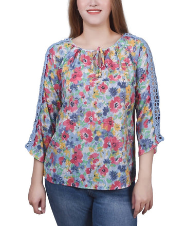 NY Collection Petite 3/4 Sleeve Tunic Crochet + Tie Neck Blue Flower Size PS