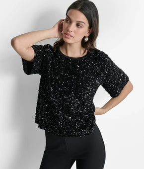 DKNY Women's Round-Neck Stretch Velvet Short-Sleeve Sequin Top Black Size M $89