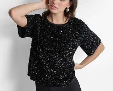 DKNY Women's Round-Neck Stretch Velvet Short-Sleeve Sequin Top Black Size M $89