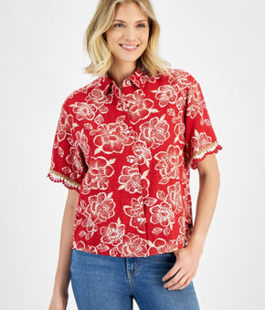 Nautica Jeans Women's Floral-Print Crochet-Trim Short-Sleeve Shirt Red Size XL