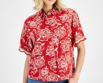 Nautica Jeans Women's Floral-Print Crochet-Trim Short-Sleeve Shirt Red Size XL