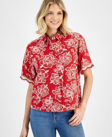 Nautica Jeans Women's Floral-Print Crochet-Trim Short-Sleeve Shirt Red Size XL