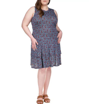 MICHAEL KORS Printed Flounce Dress Blue Plus Size 2X MSRP $110