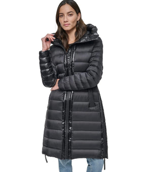 DKNY Jeans Women's Down Quilted Hooded Puffer Coat Black Size L MSRP $229