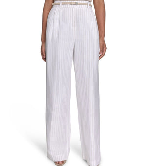Calvin Klein Women's Pinstriped Linen Belted Pleated Pants White Size 2 $119