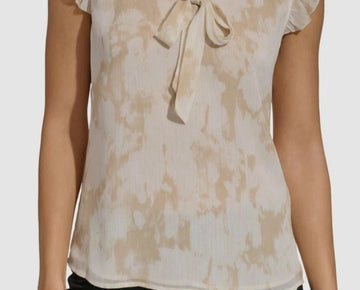 Calvin Klein Women's Beige Printed Cap-Sleeve Tie-Neck Top Size M MSRP $59