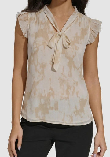 Calvin Klein Women's Beige Printed Cap-Sleeve Tie-Neck Top Size M MSRP $59