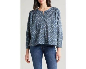 Lucky Brand Women's Floral-Print Smocked Blouse Blue Size M MSRP $80