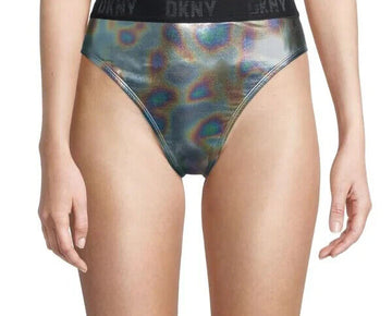 DKNY High-Rise Holographic Brief Swimwear Bottom Silver Size L MSRP $58