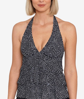 SWIM SOLUTIONS Women's Printed Tiered Halter Tankini Top Black Size 18 MSRP $72