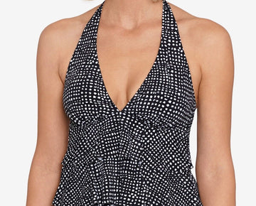 SWIM SOLUTIONS Women's Printed Tiered Halter Tankini Top Black Size 18 MSRP $72