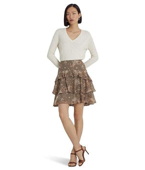 LAUREN Ralph Lauren Floral Crinkle Georgette Tiered Skirt Green Wom Size 6 $145