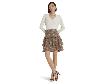 LAUREN Ralph Lauren Floral Crinkle Georgette Tiered Skirt Green Wom Size 16 $145