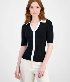 T Tahari Women's Split-Neck Contrast-Trim Sweater White Black Size L MSRP $78