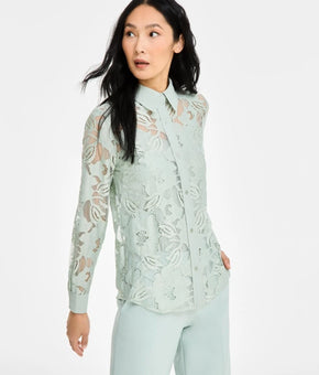 Anne Klein Women s Collared Floral-Lace Button-Front Shir Green Size S $89