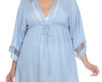 Raviya Crochet-Trim Cover-Up Dress Womens Swimsuit Plus Size 0X Blue MSRP $58