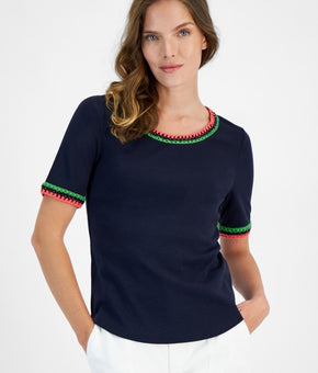 Nautica Womens Crochet Trim Embellished T-Shirt, Blue, Size M MSRP $50