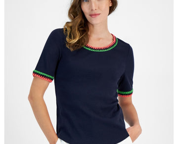 Nautica Womens Crochet Trim Embellished T-Shirt, Blue, Size M MSRP $50