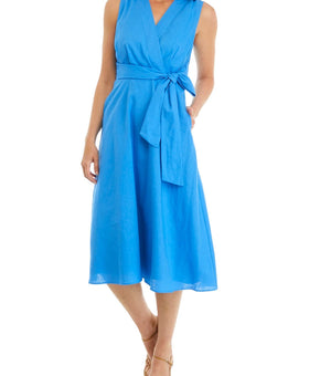 Tahari Asl Women's Blue Faux-Wrap Linen MIDI Dress Size 8 MSRP $149