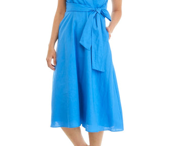 Tahari Asl Women's Blue Faux-Wrap Linen MIDI Dress Size 8 MSRP $149