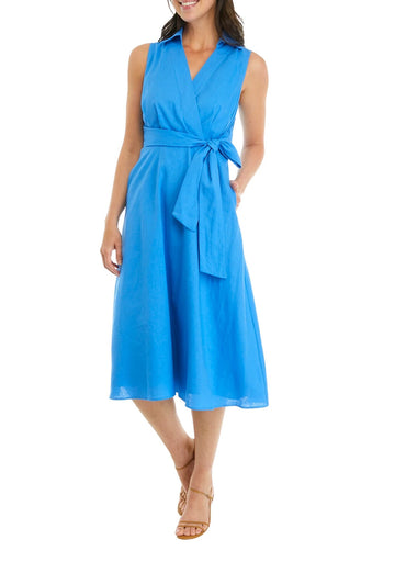 Tahari Asl Women's Blue Faux-Wrap Linen MIDI Dress Size 8 MSRP $149