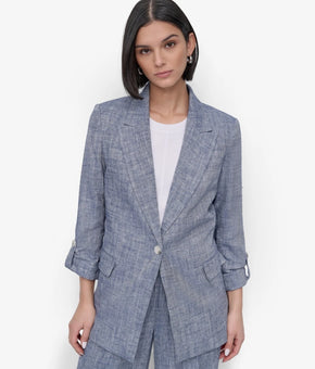 DKNY Roll-tab Ruched-Sleeve pockets One-Button Jacket Blue Petite Size 2P $179