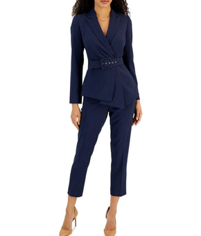 Tahari ASL Belted Jacket Pantsuit Jacket & Pants Blue Navy Size 12 MSRP $229