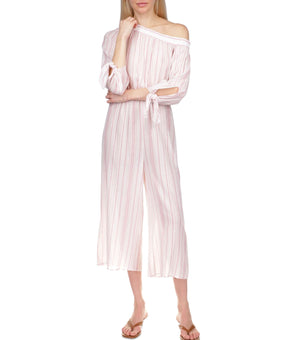 MICHAEL MICHAEL KORS Womens White Striped High Waist Jumpsuit Size S Pink
