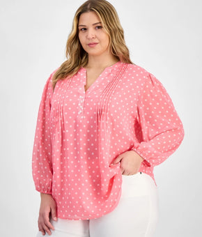 Tommy Hilfiger Plus Size 2X Dot Print Pintuck 3/4-Sleeve Top Pink MSRP $90