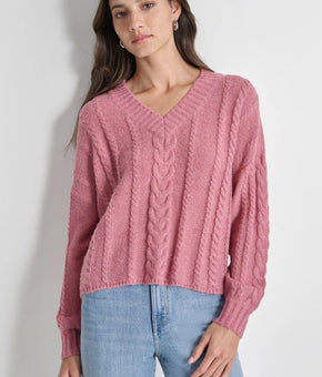 DKNY Jeans Women's Lightweight V-Neck Cable-Knit Sweater Pink Size S MSRP $69
