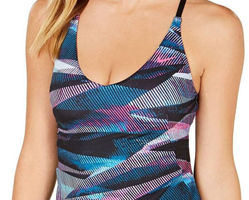 Nike Line Up Printed Cross-Back Tankini Top Fuchsia Black Purple Size XS