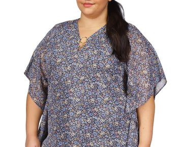 Michael Kors Plus Size Floral-Print Poncho Top Blue Size 1X MSRP $110