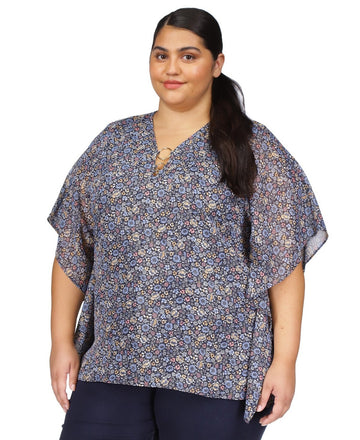 Michael Kors Plus Size Floral-Print Poncho Top Blue Size 1X MSRP $110