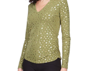 MICHAEL KORS Metallic-Print Ruched Top Green Size XS MSRP $84