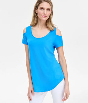 JM Collection Women's Short-Sleeve Rayon Spandex Cold-Shoulder Top Blue Size M