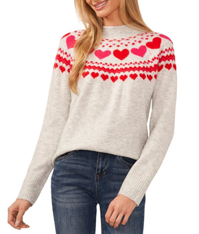 CeCe Women's Heart Fair Isle Mock Neck Long-Sleeve Sweater Gray Size S MSRP $79