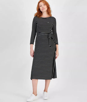 Nautica Jeans Women's Striped Tie-Waist Midi Dress Black White Size XS MSRP $80