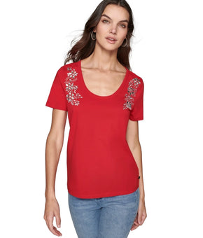 KARL LAGERFELD PARIS Women's Rhinestone-Embellished T-Shirt Red Size L MSRP $69