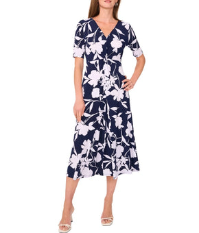 MSK Women Floral-Print V-neck Twist-Front Jersey Midi Dress Navy Blue Size L $79