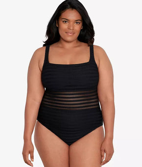 LAUREN RALPH LAUREN Illusion-Stripes One-Piece Swimsuit Black Plus Size 18W $170