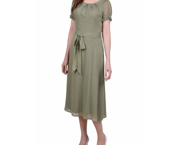 NY Collection Womens Swiss Dot Pin Tuck Midi Dress, Green, Petite, Size PL