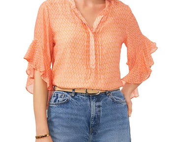 Vince Camuto Printed Pintuck Flutter 3/4-Sleeve Henley Blouse Orange Size M