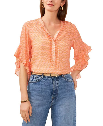 Vince Camuto Printed Pintuck Flutter 3/4-Sleeve Henley Blouse Orange Size M